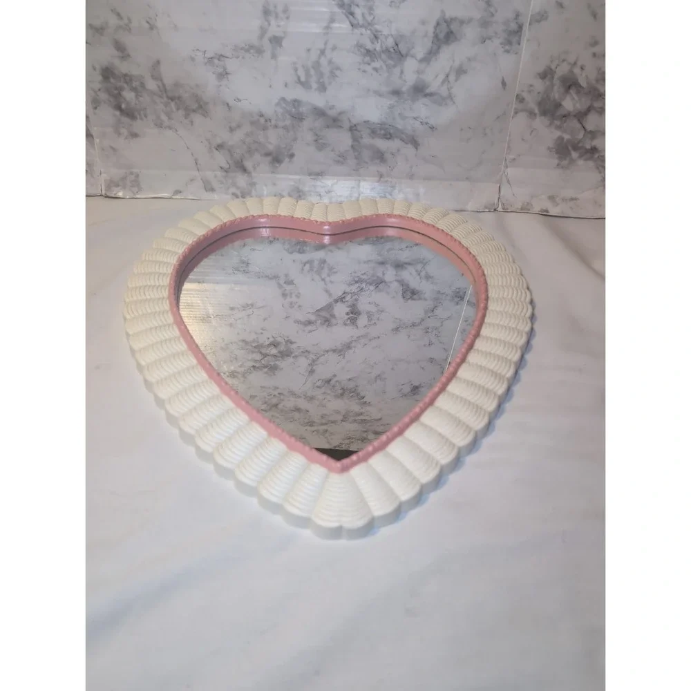 Vintage 80s Homco Mirror Wicker White Resin w/Pink Trim Heart Shaped 16